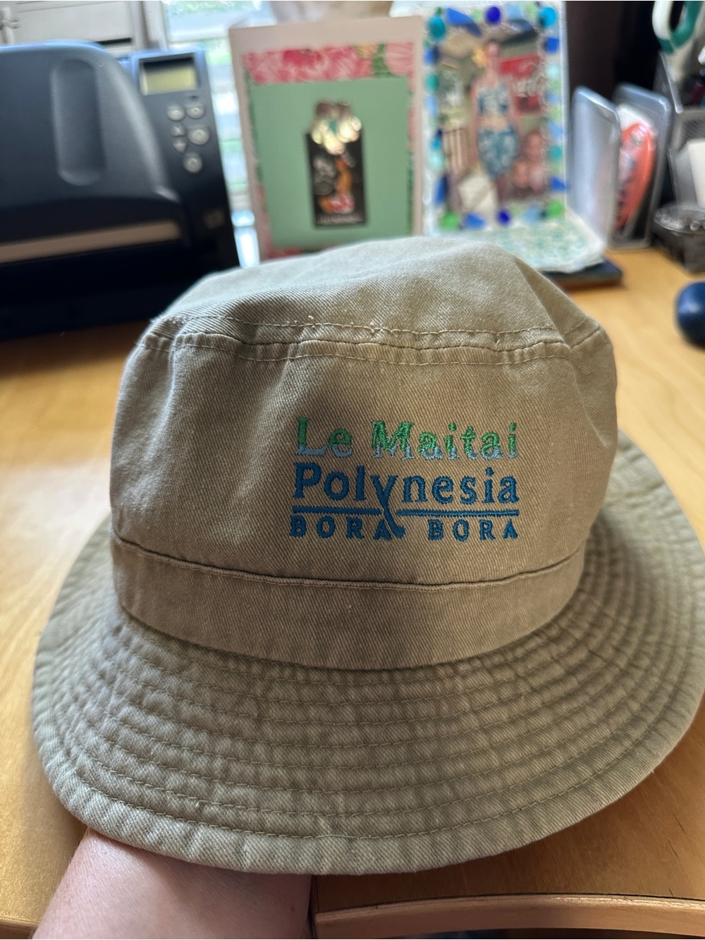 Bora Bora Columbia Khaki Bucket Hat with Blue & Green Embroidery